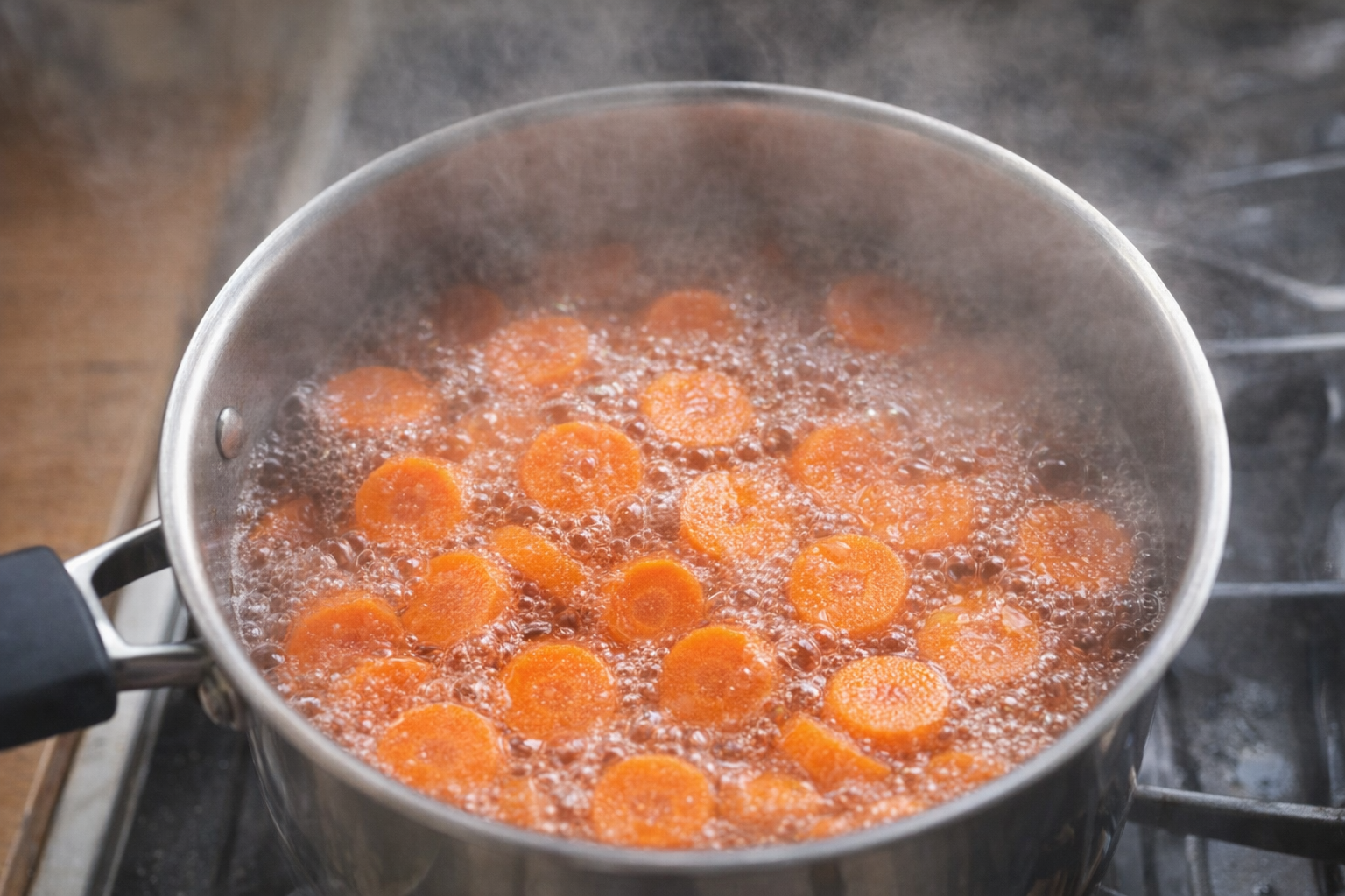 A close-up, overhead shot of carrot slices boiling in a stainless steel saucepan. Steam rises from the pot, blurring the background. The water is bubbling vigorously.